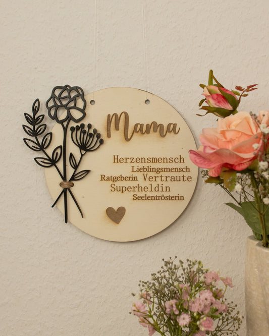Holzschild - Mama mit dekorativen Blumen